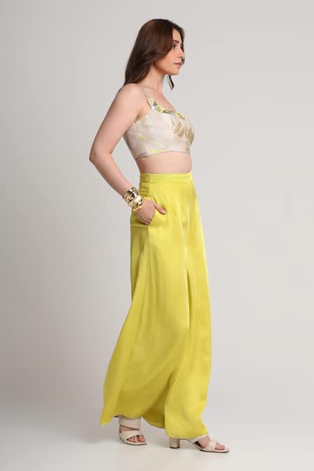 Buy_Koswi_Beige Viscose Sequins, Beads, Embroidery Square Floral Print Bustier With Pant _Online_at_Aza_Fashions