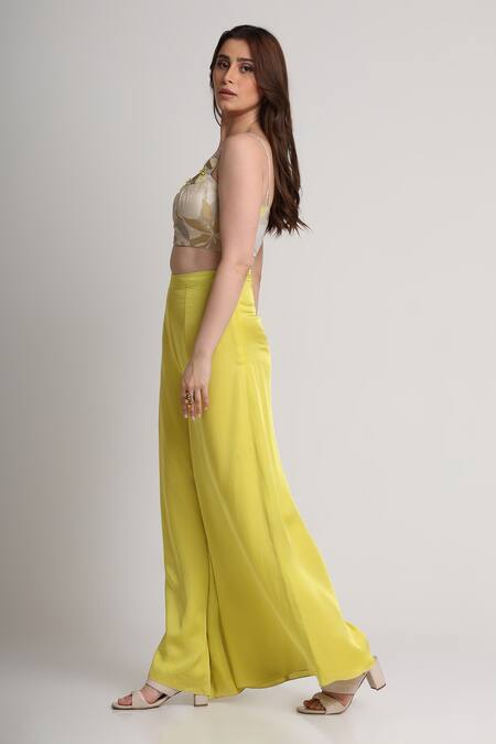 Shop_Koswi_Beige Viscose Sequins, Beads, Embroidery Square Floral Print Bustier With Pant _Online_at_Aza_Fashions