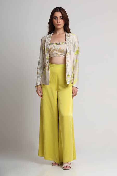 Koswi_Beige Viscose Sequins, Beads, Embroidery Square Floral Print Blazer And Pant Set _Online_at_Aza_Fashions