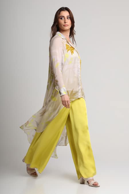 Koswi_Multi Color Viscose Sequins, Beads Collared Floral Print Shirt And Pant Set _Online_at_Aza_Fashions