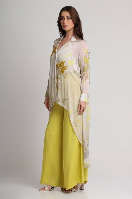 Buy_Koswi_Multi Color Viscose Sequins, Beads Collared Floral Print Shirt And Pant Set _Online_at_Aza_Fashions