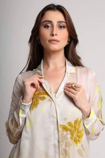 Shop_Koswi_Multi Color Viscose Sequins, Beads Collared Floral Print Shirt And Pant Set _Online_at_Aza_Fashions