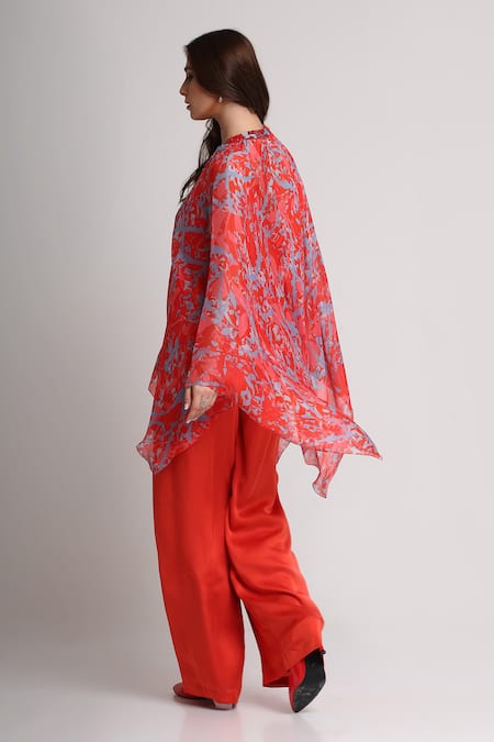 Buy_Koswi_Red Viscose Sequins, Beads V-neck Floral Print Kaftan And Pant Set _Online_at_Aza_Fashions