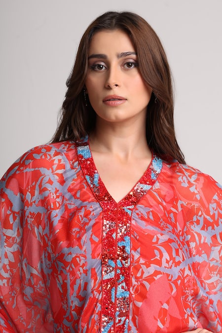 Koswi_Red Viscose Sequins, Beads V-neck Floral Print Kaftan And Pant Set _at_Aza_Fashions