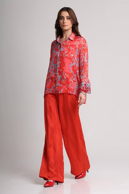 Koswi_Red Viscose Sequins, Beads Collared Floral Print Shirt With Pant _Online_at_Aza_Fashions