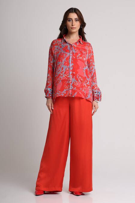 Buy_Koswi_Red Viscose Sequins, Beads Collared Floral Print Shirt With Pant _Online_at_Aza_Fashions