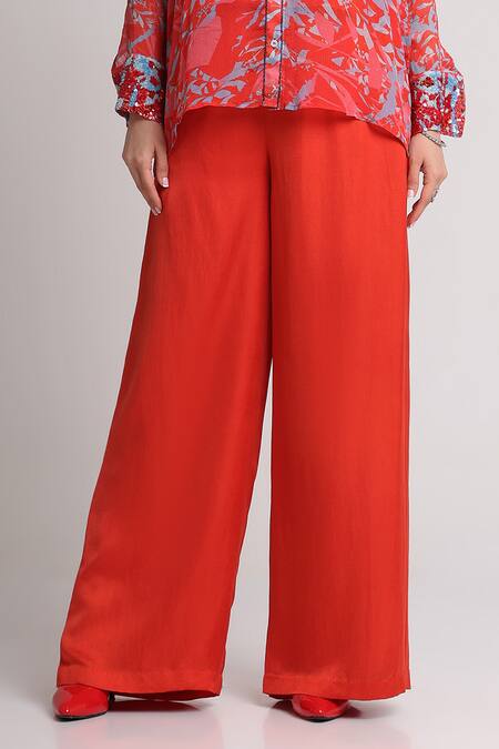 Shop_Koswi_Red Viscose Sequins, Beads Collared Floral Print Shirt With Pant _Online_at_Aza_Fashions