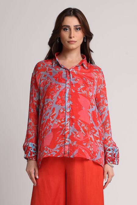 Koswi_Red Viscose Sequins, Beads Collared Floral Print Shirt With Pant _at_Aza_Fashions