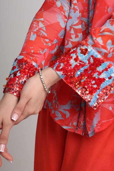 Buy_Koswi_Red Viscose Sequins, Beads Collared Floral Print Shirt With Pant 