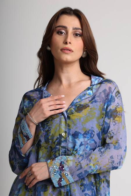 Buy_Koswi_Blue Viscose Sequins, Beads, Embroidery Collared Floral Print Tunic With Pant _Online_at_Aza_Fashions