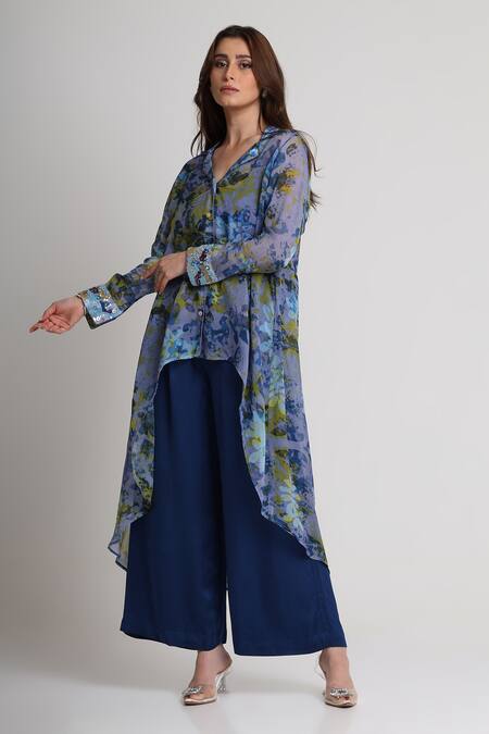 Shop_Koswi_Blue Viscose Sequins, Beads, Embroidery Collared Floral Print Tunic With Pant _Online_at_Aza_Fashions