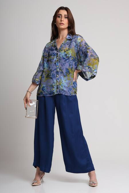 Koswi_Blue Viscose Sequins, Beads Collared Floral Print Shirt With Pant _Online_at_Aza_Fashions