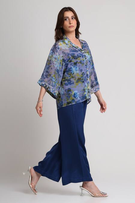 Buy_Koswi_Blue Viscose Sequins, Beads Collared Floral Print Shirt With Pant _Online_at_Aza_Fashions
