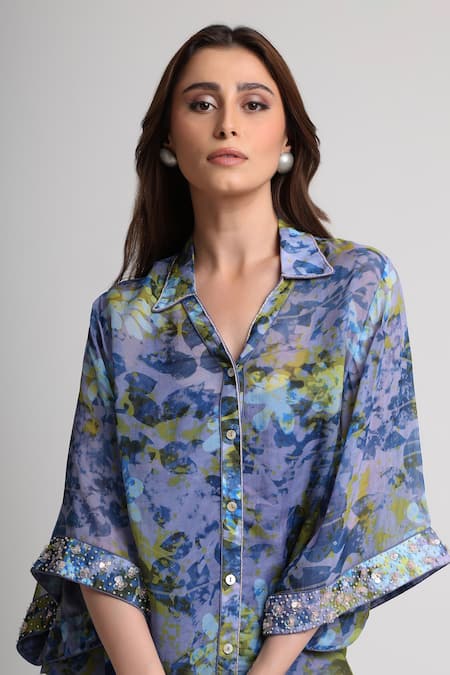 Shop_Koswi_Blue Viscose Sequins, Beads Collared Floral Print Shirt With Pant _Online_at_Aza_Fashions