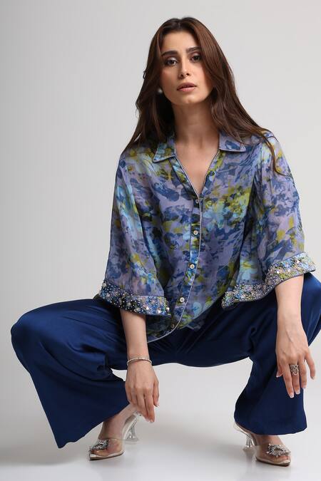 Koswi_Blue Viscose Sequins, Beads Collared Floral Print Shirt With Pant _at_Aza_Fashions