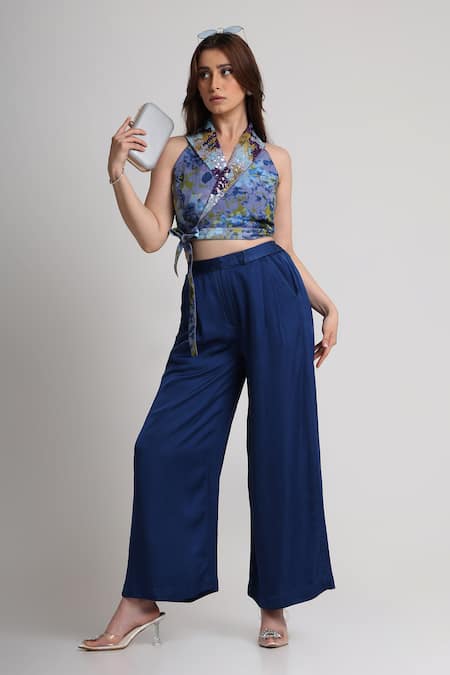 Buy_Koswi_Blue Viscose Sequins, Beads, Embroidery V-neck Floral Print Top With Pant _Online_at_Aza_Fashions
