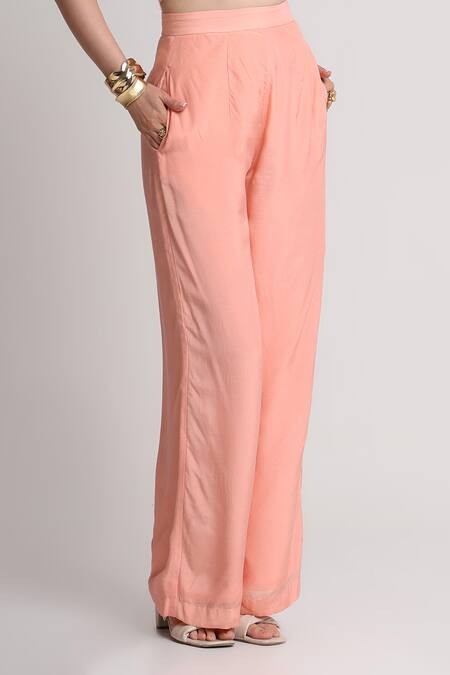 Koswi_Peach Viscose Sequins, Beads, Embroidery One Shoulder Embellished Top With Pant _Online_at_Aza_Fashions