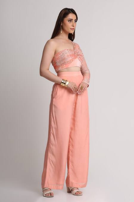 Buy_Koswi_Peach Viscose Sequins, Beads, Embroidery One Shoulder Embellished Top With Pant _Online_at_Aza_Fashions