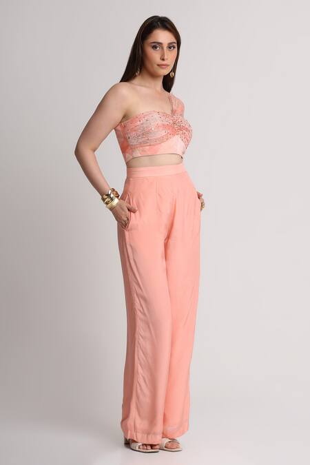 Shop_Koswi_Peach Viscose Sequins, Beads, Embroidery One Shoulder Embellished Top With Pant _Online_at_Aza_Fashions