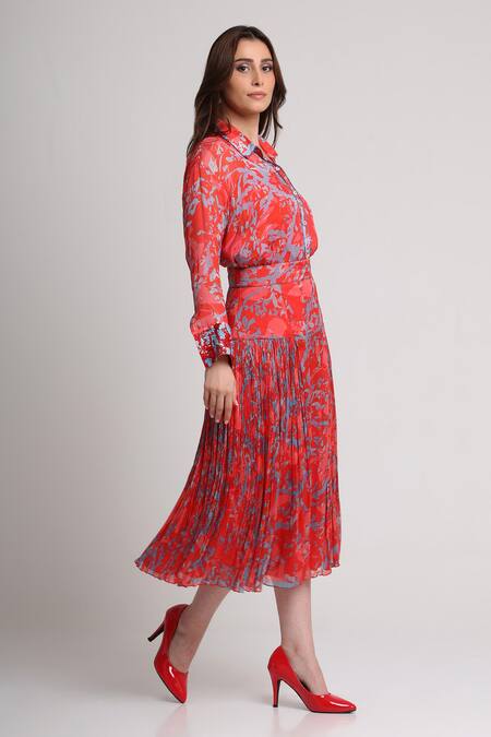 Koswi_Red Viscose Sequins, Beads Collared Floral Print Shirt With Skirt _Online_at_Aza_Fashions