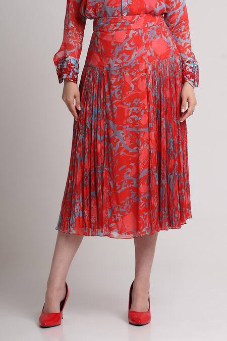 Buy_Koswi_Red Viscose Sequins, Beads Collared Floral Print Shirt With Skirt _Online_at_Aza_Fashions
