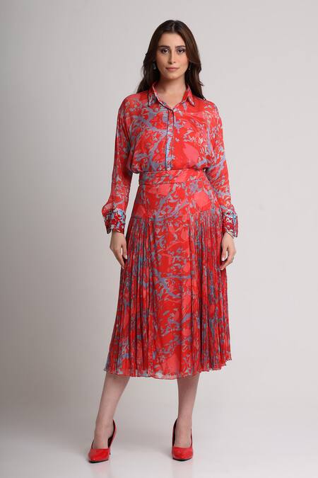 Shop_Koswi_Red Viscose Sequins, Beads Collared Floral Print Shirt With Skirt _Online_at_Aza_Fashions