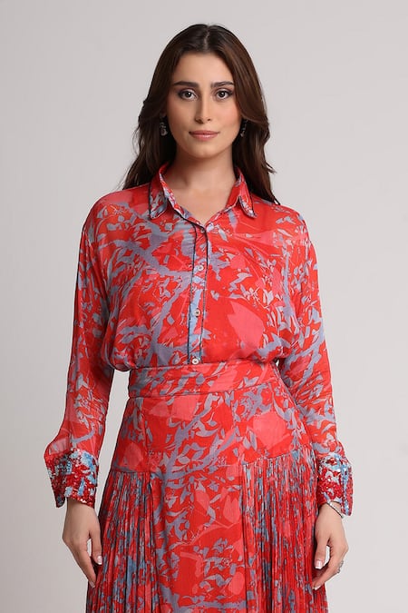 Koswi_Red Viscose Sequins, Beads Collared Floral Print Shirt With Skirt _at_Aza_Fashions
