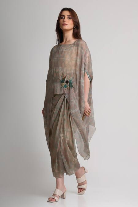 Koswi_Beige Viscose Sequins, Beads, Embroidery Boat Abstract Print Kaftan With Skirt _Online_at_Aza_Fashions