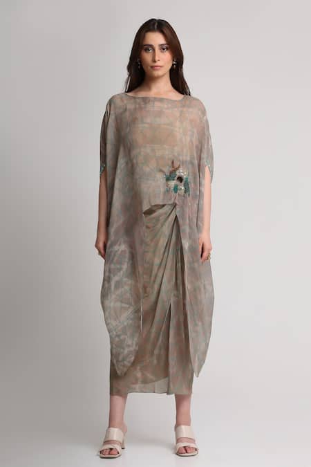 Buy_Koswi_Beige Viscose Sequins, Beads, Embroidery Boat Abstract Print Kaftan With Skirt _Online_at_Aza_Fashions