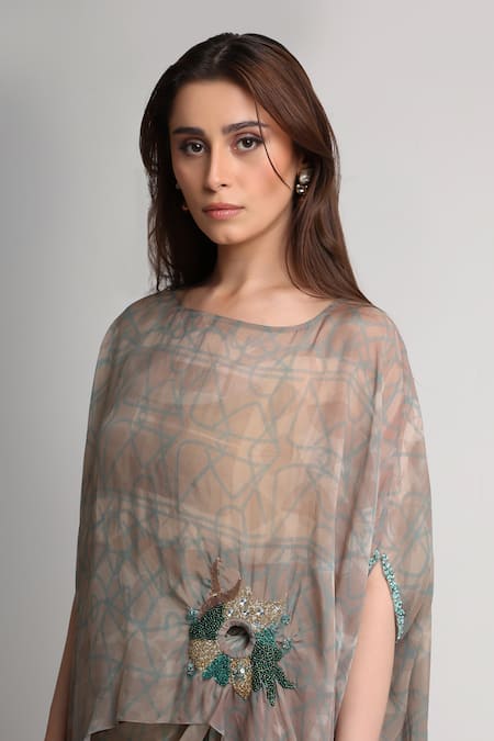 Shop_Koswi_Beige Viscose Sequins, Beads, Embroidery Boat Abstract Print Kaftan With Skirt _Online_at_Aza_Fashions