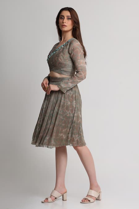 Koswi_Gray Viscose Beads, Sequins, Embroidery V-neck Abstract Print Top With Skirt _Online_at_Aza_Fashions