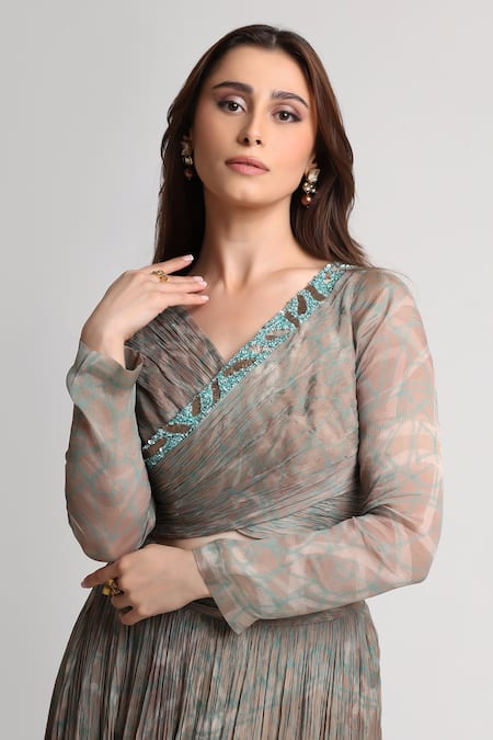 Shop_Koswi_Gray Viscose Beads, Sequins, Embroidery V-neck Abstract Print Top With Skirt _Online_at_Aza_Fashions