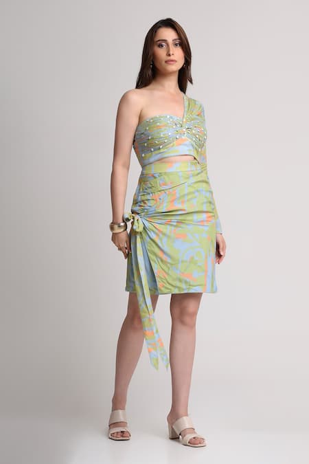 Koswi_Green Viscose Sequins, Beads One Shoulder Floral Print Top With Skirt _Online_at_Aza_Fashions