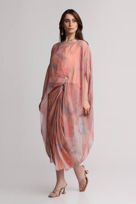 Koswi_Peach Viscose Beads, Sequins Boat Neck Abstract Print Kaftan And Skirt Set _Online_at_Aza_Fashions