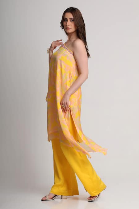 Koswi_Yellow Viscose Sequins, Beads One Shoulder Floral Print Kurta With Trouser _Online_at_Aza_Fashions