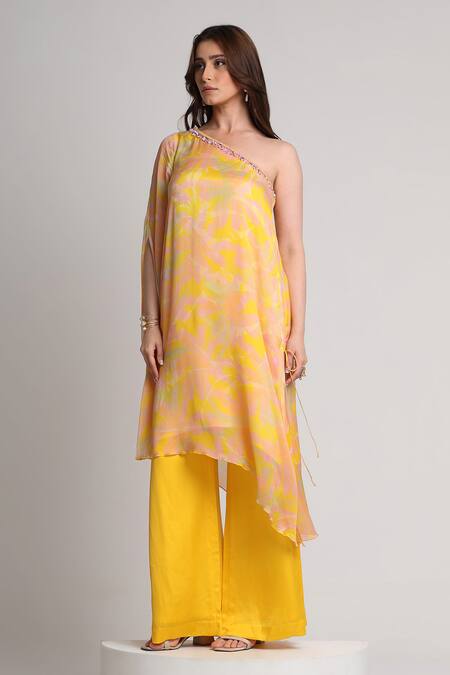 Buy_Koswi_Yellow Viscose Sequins, Beads One Shoulder Floral Print Kurta With Trouser _Online_at_Aza_Fashions