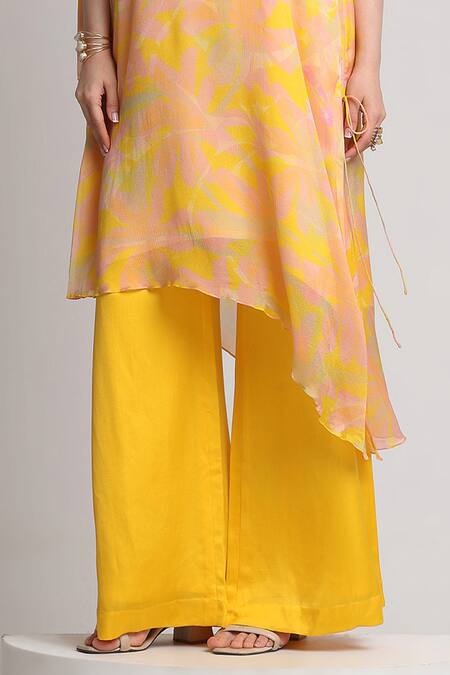 Shop_Koswi_Yellow Viscose Sequins, Beads One Shoulder Floral Print Kurta With Trouser _Online_at_Aza_Fashions