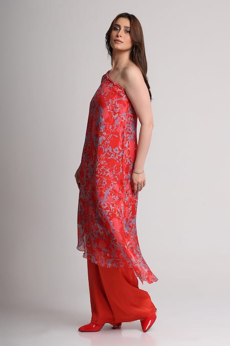 Koswi_Red Viscose Sequins, Beads One Shoulder Floral Print Kurta With Trouser _Online_at_Aza_Fashions