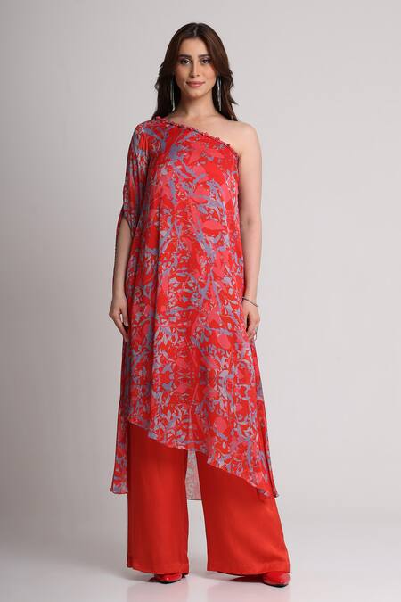 Shop_Koswi_Red Viscose Sequins, Beads One Shoulder Floral Print Kurta With Trouser _Online_at_Aza_Fashions