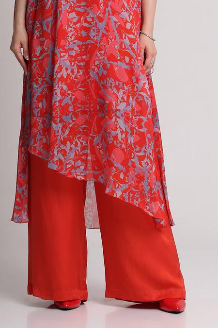 Koswi_Red Viscose Sequins, Beads One Shoulder Floral Print Kurta With Trouser _at_Aza_Fashions