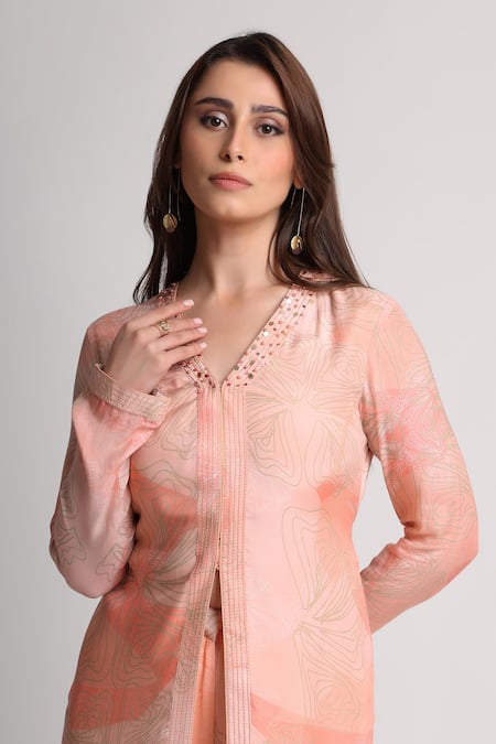 Koswi_Peach Viscose Sequins, Beads V-neck Floral Print Kurta With Trouser _Online_at_Aza_Fashions