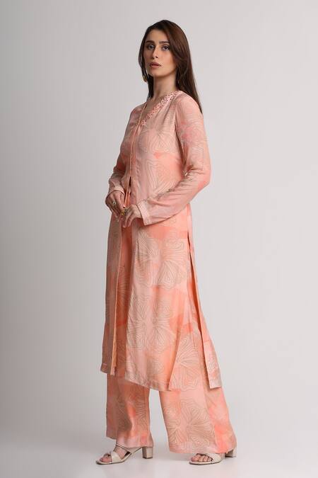 Buy_Koswi_Peach Viscose Sequins, Beads V-neck Floral Print Kurta With Trouser _Online_at_Aza_Fashions