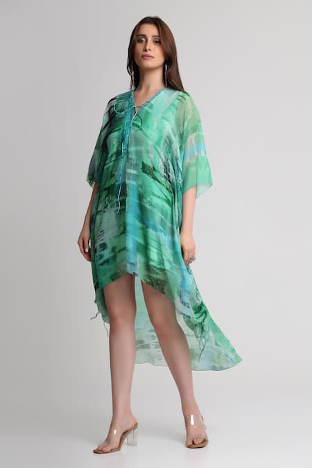 Koswi_Green Viscose Sequins, Beads V-neck Geometric Print Kaftan _Online_at_Aza_Fashions