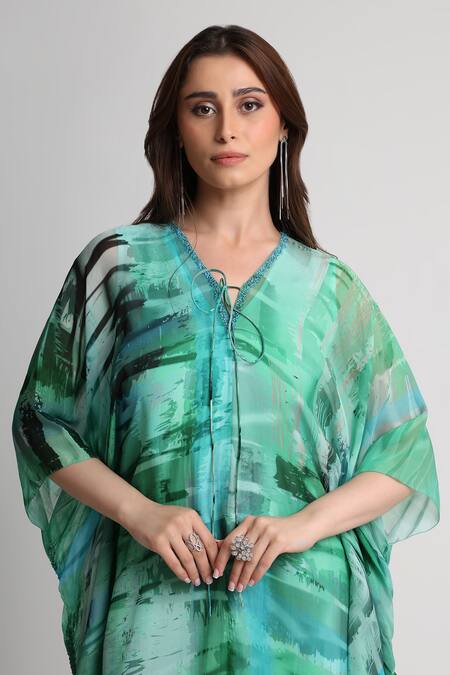 Buy_Koswi_Green Viscose Sequins, Beads V-neck Geometric Print Kaftan _Online_at_Aza_Fashions