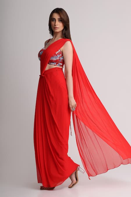Koswi_Red Viscose Sequins, Beads Pre-draped Saree With Astract Pattern Blouse _Online_at_Aza_Fashions