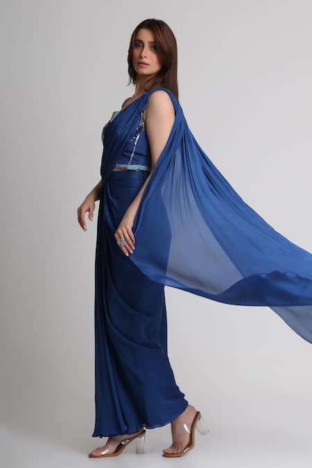 Koswi_Blue Viscose Sequins, Beads Pre-draped Saree And Abstract Pattern Blouse Set _Online_at_Aza_Fashions