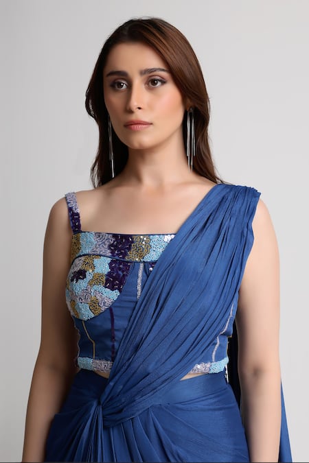 Buy_Koswi_Blue Viscose Sequins, Beads Pre-draped Saree And Abstract Pattern Blouse Set _Online_at_Aza_Fashions