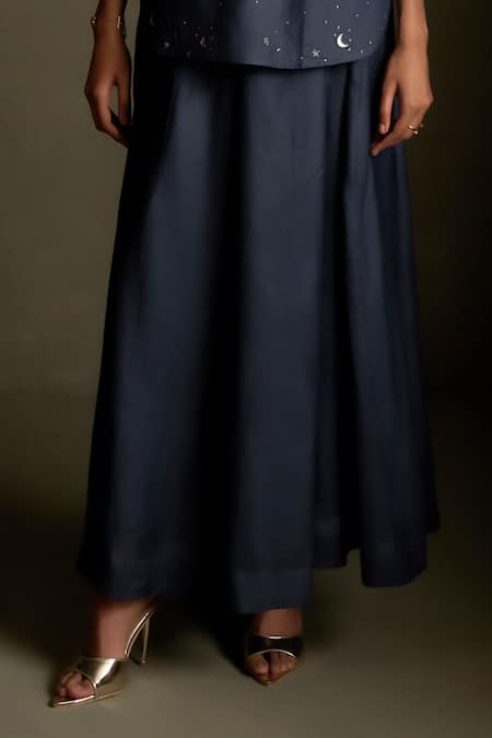 Charkhee Navy Chanderi, Voile Embroidery Round Neck Cresent Moon Kurta With Skirt Online at Aza Fashions Charkhee_Navy Chanderi, Voile Embroidery Round Neck Cresent Moon Kurta With Skirt _Online_at_Aza_Fashions