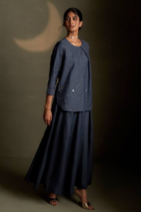 Buy Charkhee Navy Chanderi, Voile Embroidery Round Neck Cresent Moon Kurta With Skirt Online at Aza Fashions Buy_Charkhee_Navy Chanderi, Voile Embroidery Round Neck Cresent Moon Kurta With Skirt _Online_at_Aza_Fashions