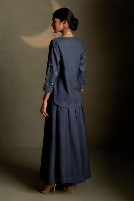 Shop Charkhee Navy Chanderi, Voile Embroidery Round Neck Cresent Moon Kurta With Skirt at Aza Fashions Shop_Charkhee_Navy Chanderi, Voile Embroidery Round Neck Cresent Moon Kurta With Skirt _at_Aza_Fashions